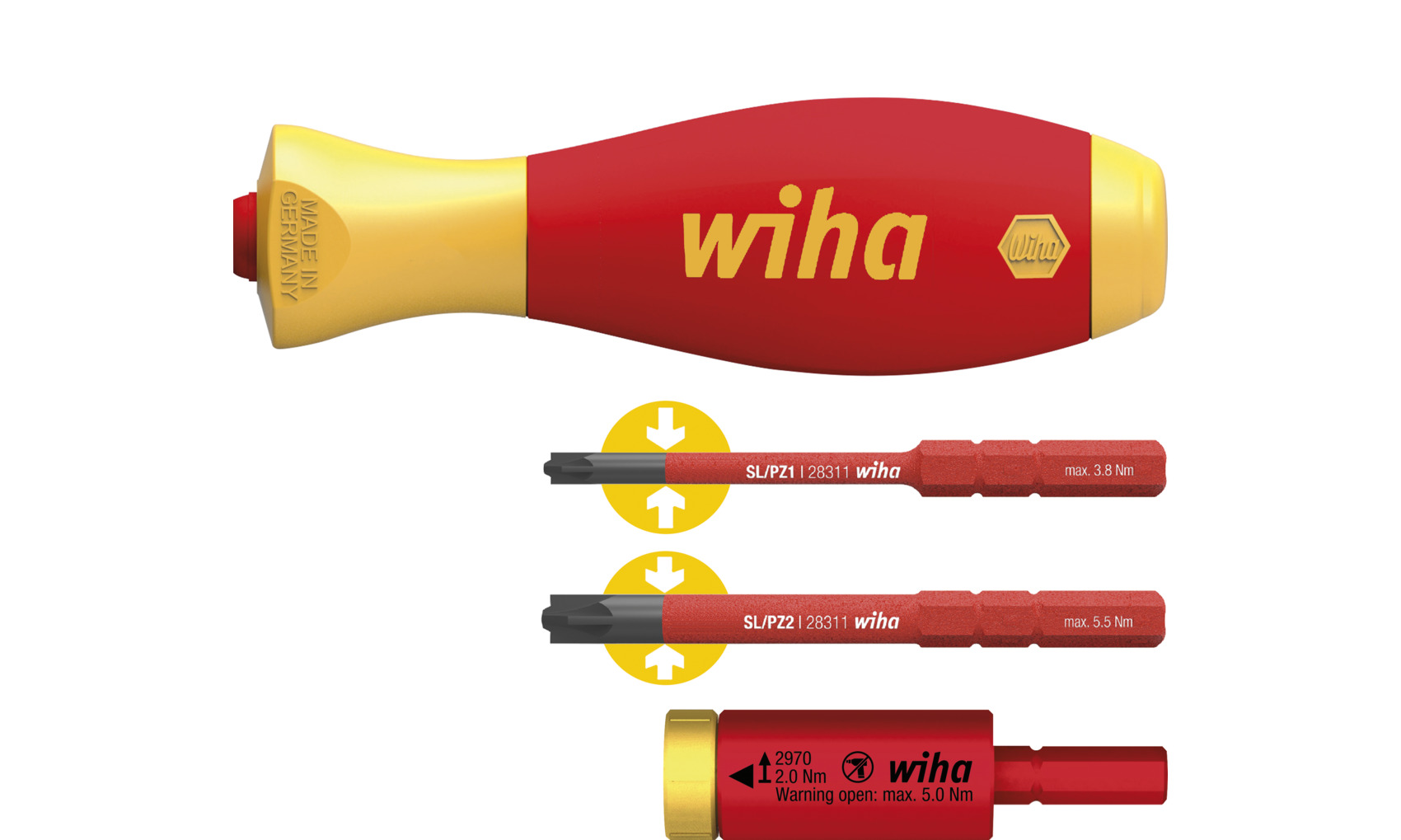 Zestaw adapterów dynamometrycznych easyTorque electric 2,0 Nm z uchwytem slimVario® i bitami slimBit SL/PZ 4-cz. / WIHA 41477 1