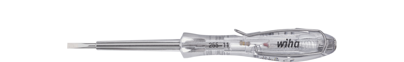 Próbnik napięcia SoftFinish jednobiegunowy, 110-250 V płaski przezroczysty, z klipsem do przypinania 3.0 mm / WIHA 34745 1