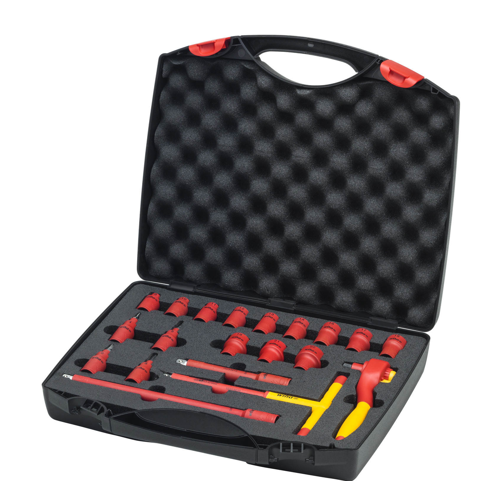 Grzechotka przełączna electric 3/8" w zestawie 20-częściowy z przyciskiem i zabezpieczeniem kulkowym, w torbie / WIHA... 1