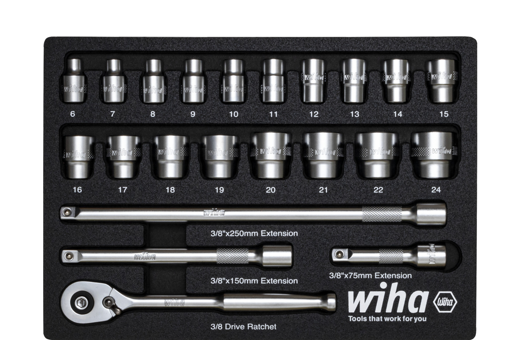 Zestaw kluczy grzechotkowych 3/8" 22 cz., we wkładce piankowej / WIHA 44708 1